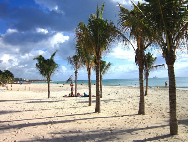 Playa del Carmen beach in Mexico with palm trees.