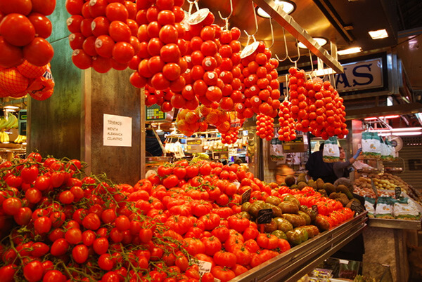 Barcelona cooking class goes to the market and buys beautiful tomatoes.