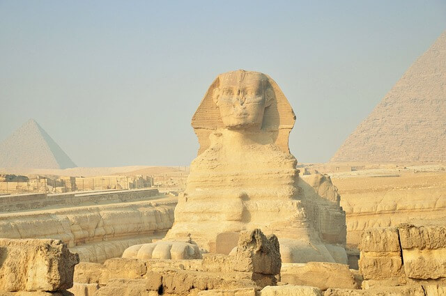 The Sphinx and pyramid near Cairo, Egpyt.
