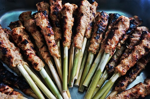 Satay on bamboo skewers.