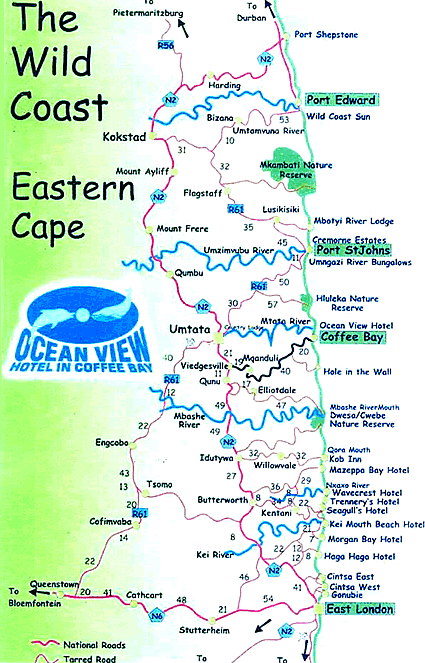 Map of the Wild Coast in South Africa.