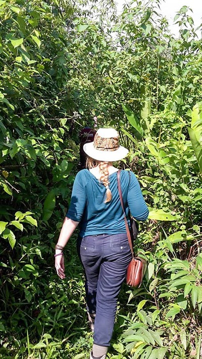 Entering the sugar cane plantation after stepping off the boat.