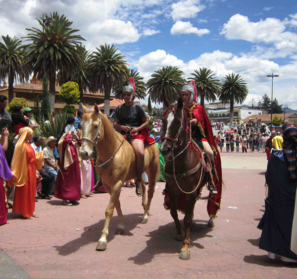 Dressed as Romans on horses.