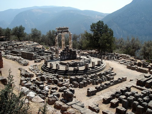 A view of a temple ruin in sacred Dephi, Greece.