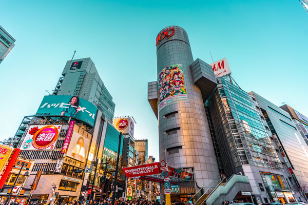 Glass office buildings in bustling Tokyo, Japan.