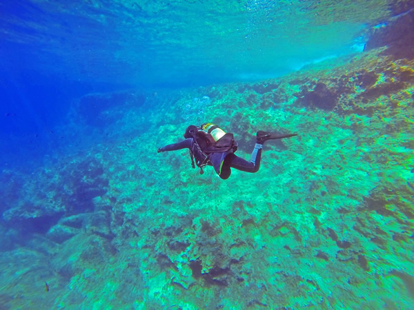 PADI diver guides at work in the ocean.