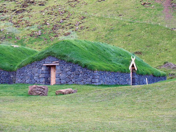 A colorful Icelandic turf house.