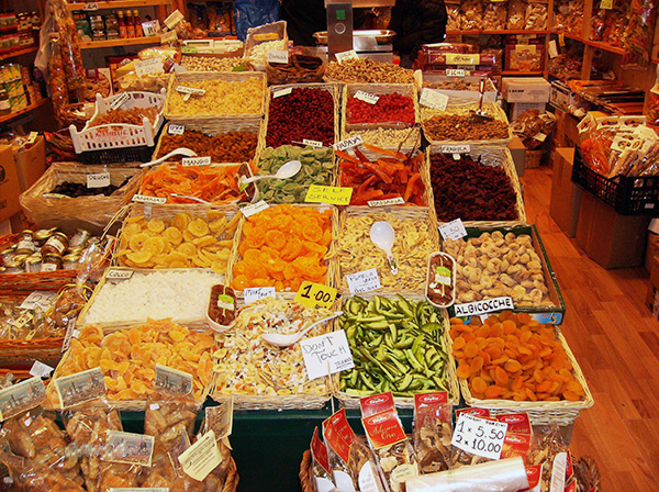 A selection of dried fruits in a Florence market.